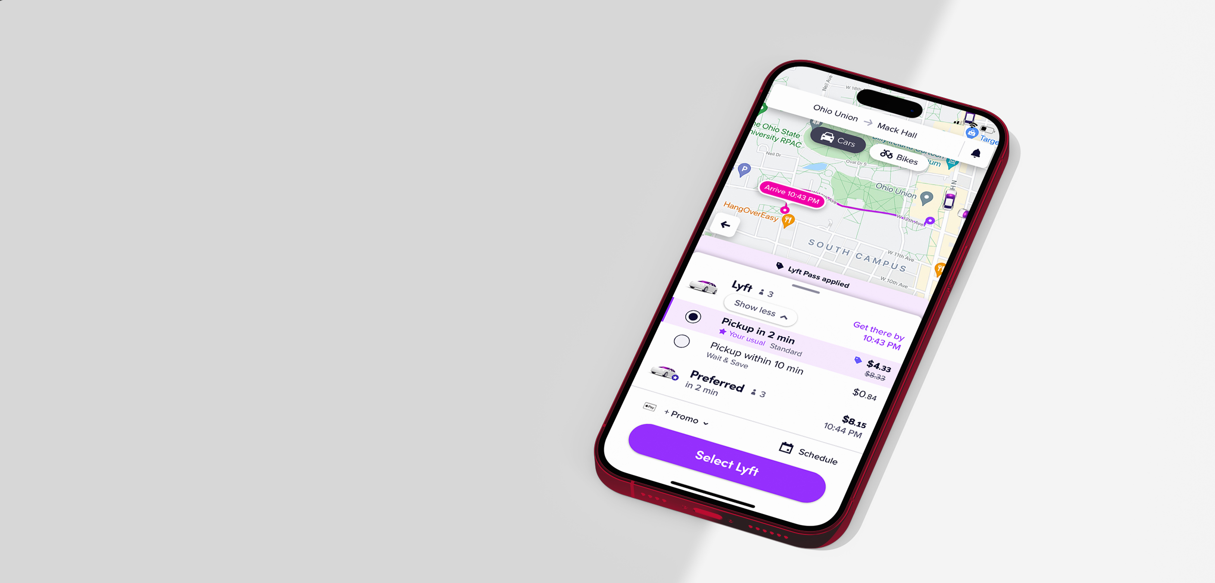 Phone mockup with Lyft app open, scheduling a ride