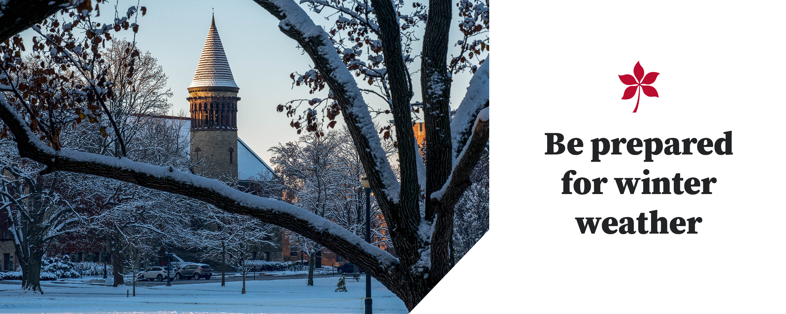 Snow covered Orton Holl with text "Be prepared for winter weather"