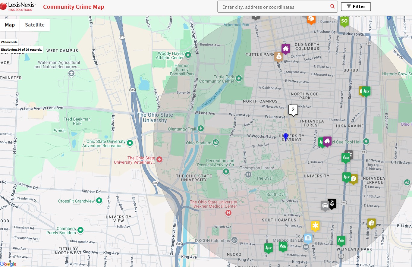 map showing University District boundaries and crime types