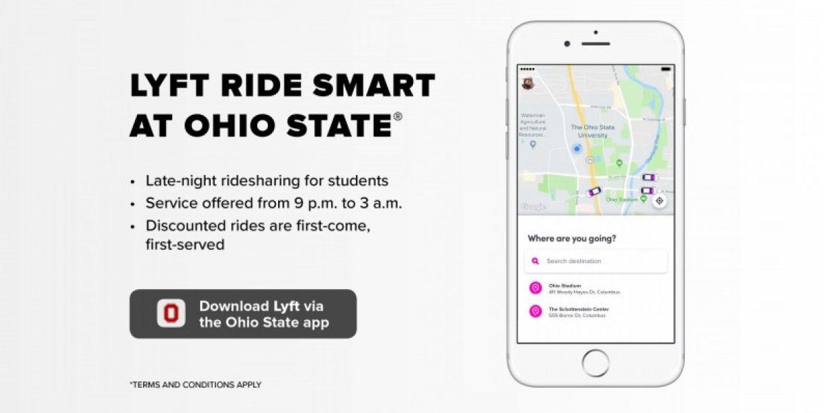 banner collage of a cell phone showing a map with directions of travel, lyft ride smart at ohio state