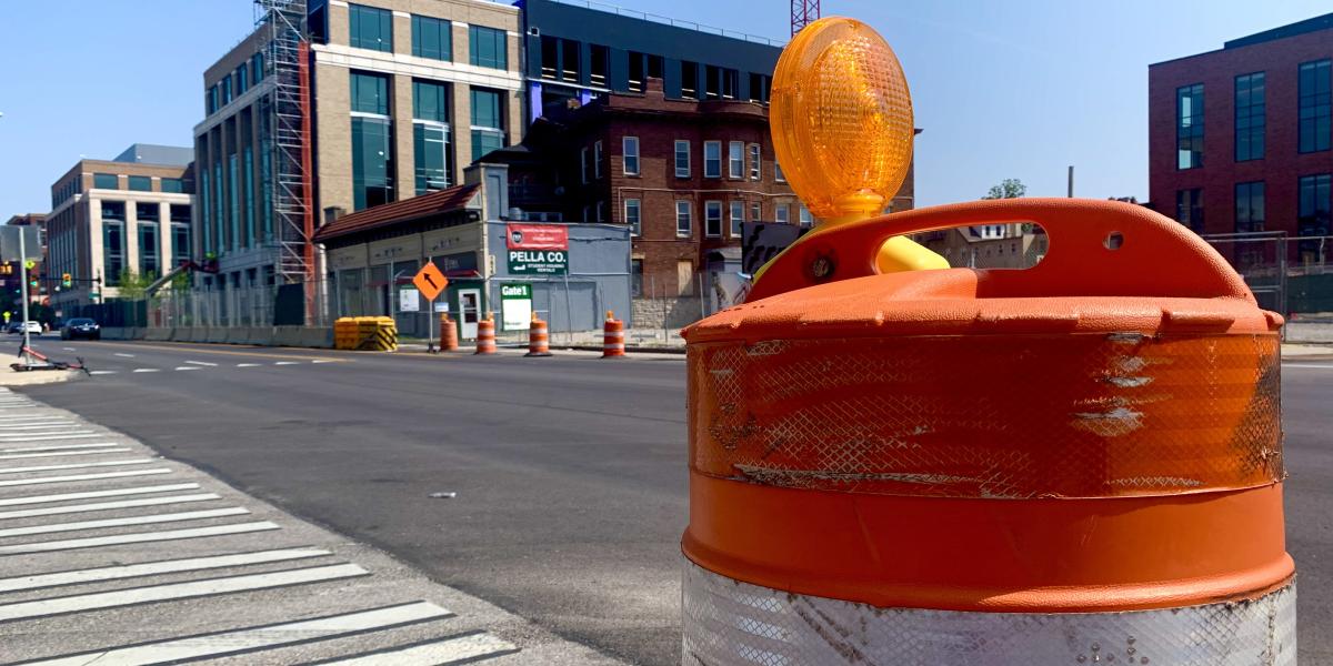 close-up of orange barrel on High Street