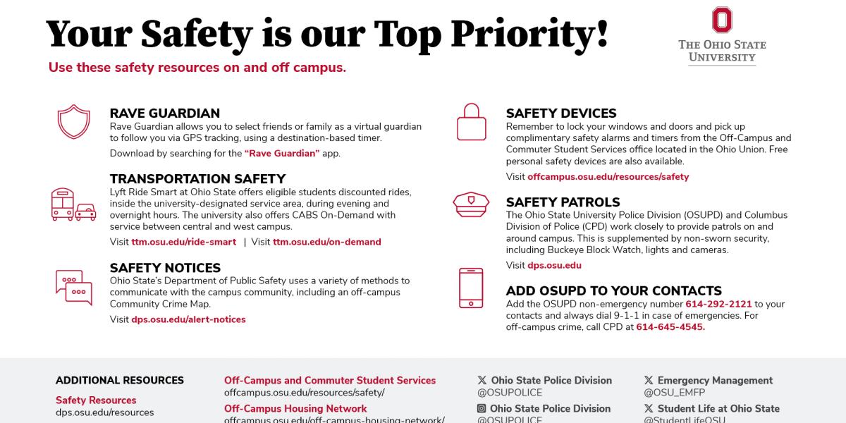 Safety tips sheet titled "Your Safety is our Priority" displaying six safety facts 
