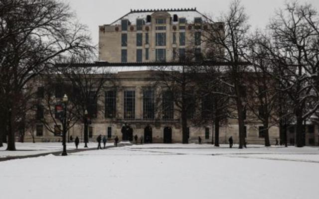 snow-covered Thompson Library