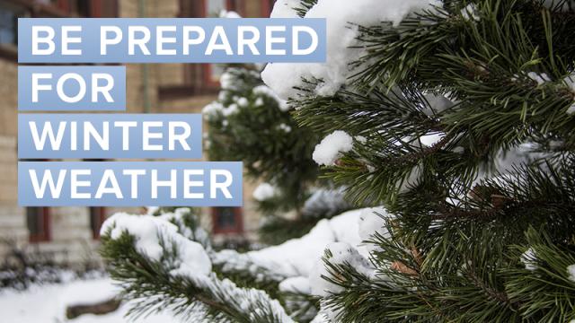 A snow covered fir tree with text "Be prepared for winter weather" overlaid over the photo