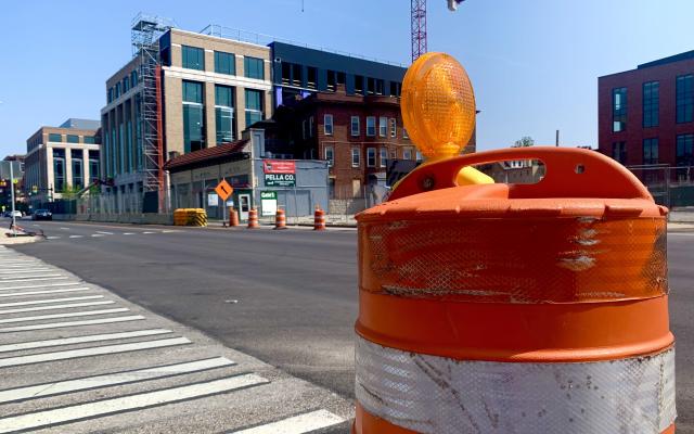 close-up of orange barrel on High Street