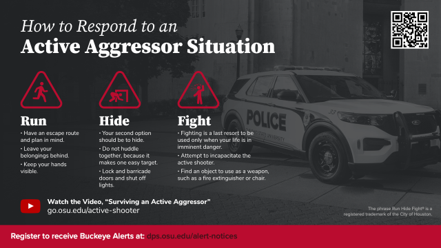 A graphic explaining steps to protect oneself when in an active shooter situation