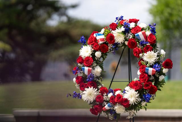 A view of a red, white and blue wreath.