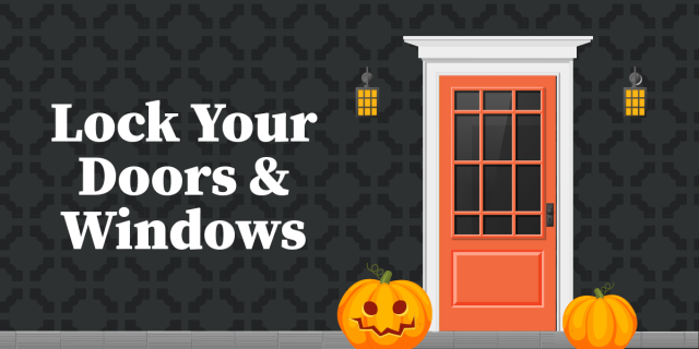 Graphic with text "Lock Your Doors &amp; Windows" and an image of an orange door with pumpkins