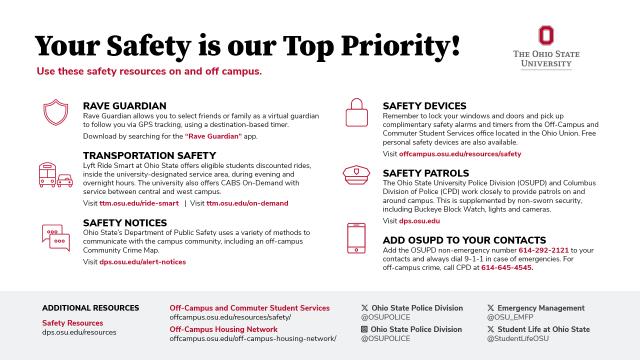 Safety tips sheet titled "Your Safety is our Priority" displaying six safety facts