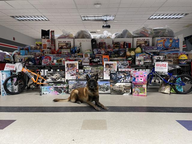 K9 Leo poses in front of all the toys that were donated through the Toys for Tots donation event.