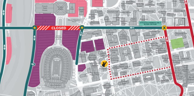 map showing Woody Hayes Drive closed between Cannon Drive and Tuttle Park Place