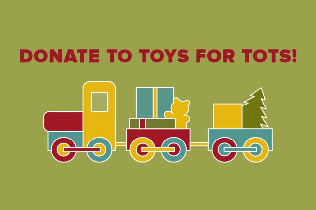 cartoon drawing of a traing with the words donate to toys for tots