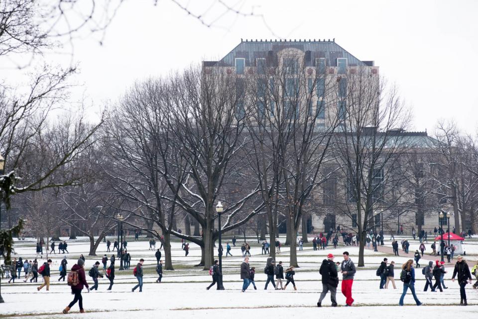 view of Thompson Library in winter with snow on the ground