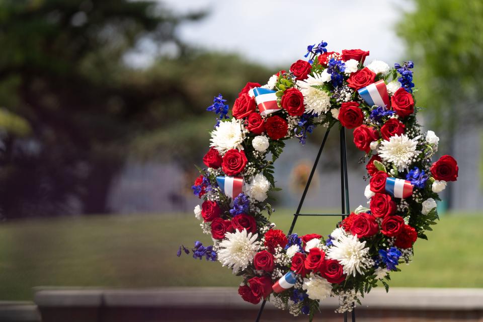 A view of a red, white and blue wreath.