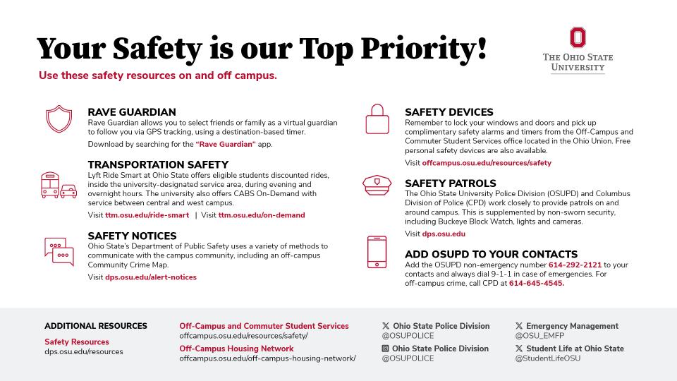 Safety tips sheet titled "Your Safety is our Priority" displaying six safety facts