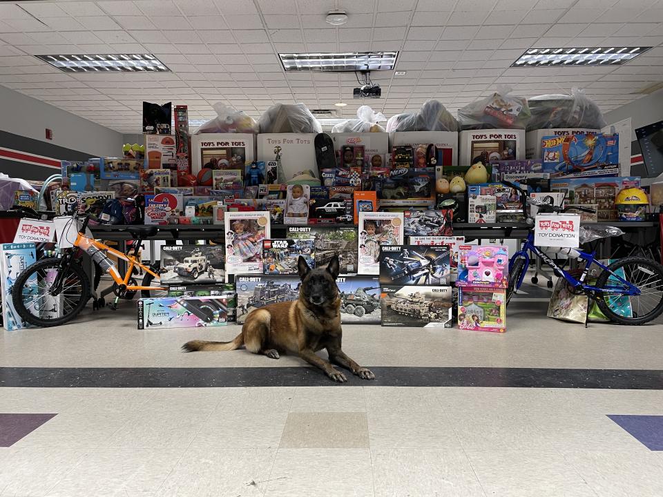 K9 Leo poses in front of all the toys that were donated through the Toys for Tots donation event.