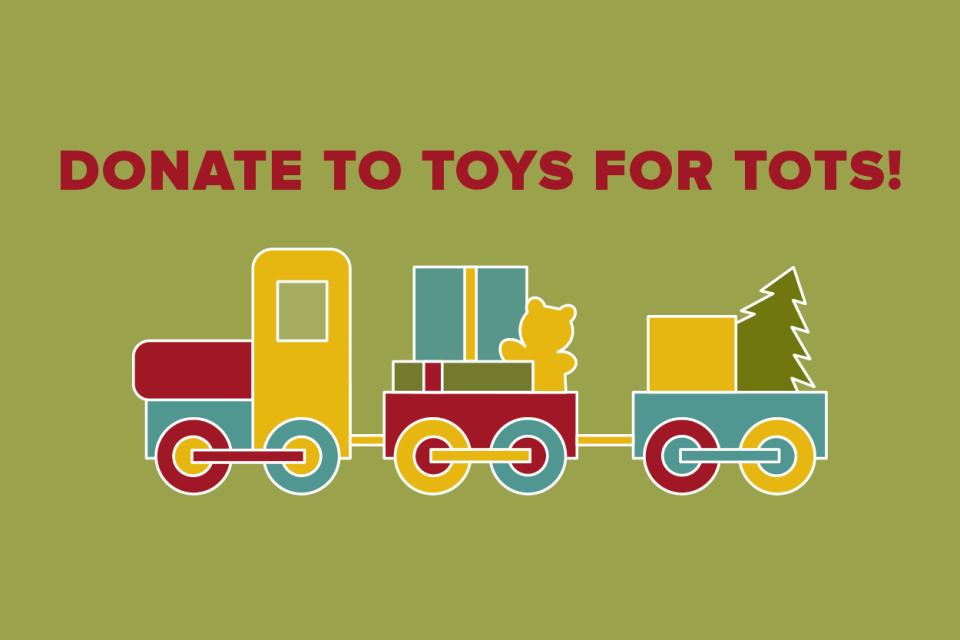 cartoon drawing of a traing with the words donate to toys for tots