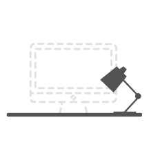 icon image of a desk with the computer screen in outline form as if it had been stolen and desk lamp