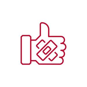 Line icon of a hand with a thumbs-up gesture and a bandaid 